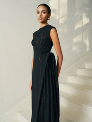 Embroidered Lace Draped Midi Dress With Waist Detail and Sleeveless Fitted Bodice
