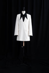 Textured Crepe Mini Dress with Oversized Pointed Collar and Long Sleeve Design