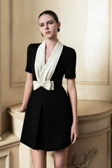 Tweed Mini Dress with Contrast Satin Lapel and Bow Detail for Sophisticated Occasions