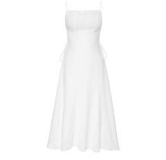 Silk midi dress with ruched bodice and adjustable side ties for elegant feminine silhouette