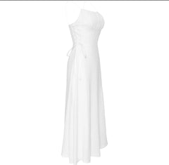 Silk midi dress with ruched bodice and adjustable side ties for elegant feminine silhouette