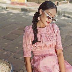 Silk midi dress with ruched bodice, puff sleeves, and flared tiered skirt