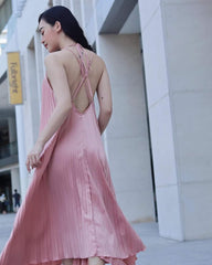 Pleated silk midi dress with halter neckline and open strappy back