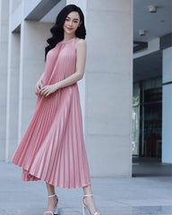 Pleated silk midi dress with halter neckline and open strappy back