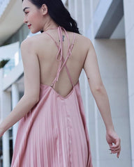 Pleated silk midi dress with halter neckline and open strappy back