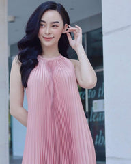 Pleated silk midi dress with halter neckline and open strappy back