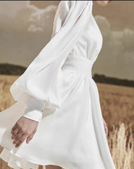 Mini silk dress with structured bodice, lantern sleeves, and flared pleated skirt