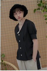 V-Neck Short Sleeve Linen Blouse with Back Waist Tie