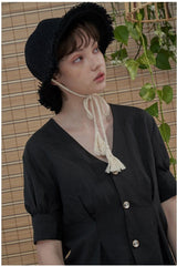 V-Neck Short Sleeve Linen Blouse with Back Waist Tie