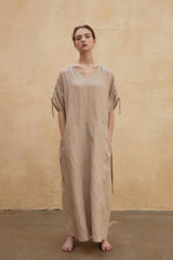 Robe longue en lin coupe décontractée avec col en V, manches ajustables et poches latérales