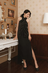 Cotton poplin midi skirt with high waist, straight silhouette, and thigh-high side slit