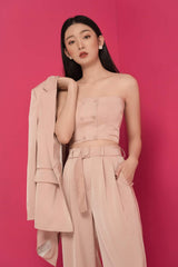 Tailored silk crop top with structured double-breasted button front and sleek minimalist fit