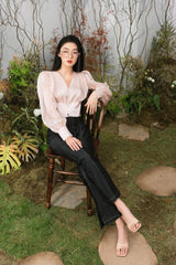 Fitted organza blouse with pearl button front and voluminous sheer puff sleeves