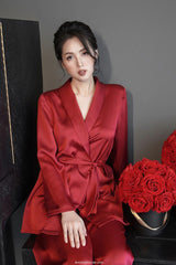Wrap-Front Silk Top with Self-Tie Waist and Shawl Collar