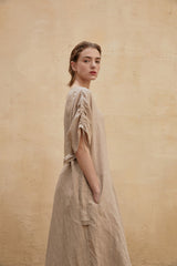 Robe longue en lin coupe décontractée avec col en V, manches ajustables et poches latérales