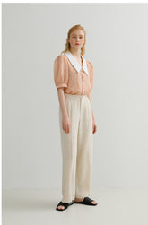 高腰褶裥阔腿亚麻长裤