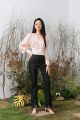 Fitted organza blouse with pearl button front and voluminous sheer puff sleeves