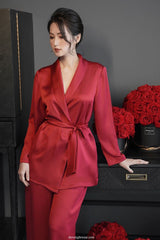 Wrap-Front Silk Top with Self-Tie Waist and Shawl Collar