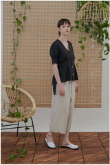 V-Neck Short Sleeve Linen Blouse with Back Waist Tie