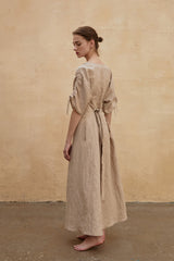 Robe longue en lin coupe décontractée avec col en V, manches ajustables et poches latérales