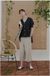 高腰亚麻阔腿裤,短款下摆