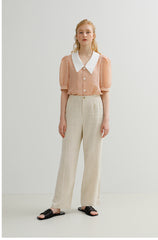 Pantalon large plissé taille haute en lin