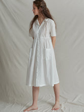 短袖喇叭形纽扣前亚麻连衣裙