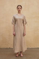 Robe longue en lin coupe décontractée avec col en V, manches ajustables et poches latérales