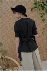 V-Neck Short Sleeve Linen Blouse with Back Waist Tie
