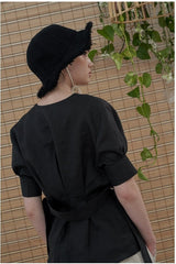 V-Neck Short Sleeve Linen Blouse with Back Waist Tie