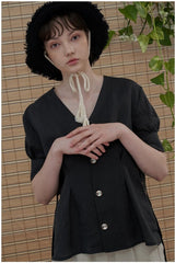 V-Neck Short Sleeve Linen Blouse with Back Waist Tie