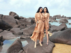 Pleated Silk Midi Dress with Ruffled Neckline and Smocked Waist Detailing