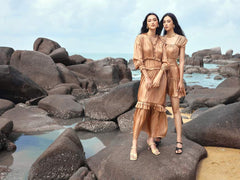 Pleated Silk Midi Dress with Ruffled Neckline and Smocked Waist Detailing