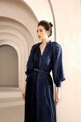 Pleated silk midi dress with belted waist and voluminous long sleeves