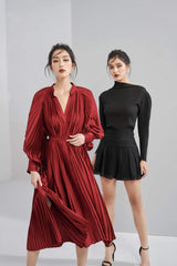 Pleated silk midi dress with long puff sleeves and V-neck wrap silhouette