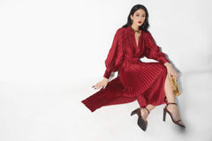 Pleated silk midi dress with long puff sleeves and V-neck wrap silhouette