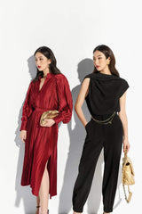 Long sleeve pleated midi silk dress with front slit and belted waist for elegant styling