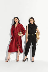 Long sleeve pleated midi silk dress with front slit and belted waist for elegant styling
