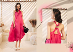 Sleeveless pleated silk halter dress with ring-back detail and flowy midi silhouette