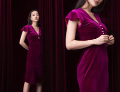 Velvet midi dress with cap sleeves, pearl button detail and flared hem for elegant occasions