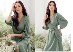 Silk Wrap Midi Dress with Puff Sleeves and Waist Tie
