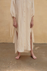 Linen Shirt Dress with Side Slits, Waist Ties, and Relaxed Three-Quarter Sleeves