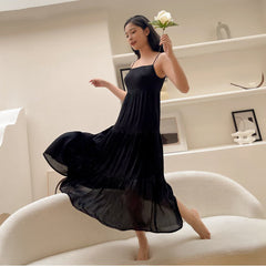 Silk Organza Tiered Midi Dress with Spaghetti Straps and Flowing Lightweight Silhouette