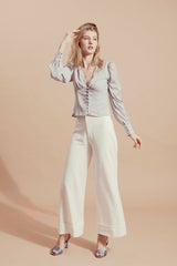 Fitted velvet blouse with gathered front detail and long sleeves for elegant day-to-night wear