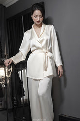 腰带长袖真丝裹身上衣