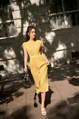 Silk midi dress with high neckline, cap sleeves and elasticated waist for relaxed elegance