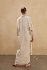 Linen Shirt Dress with Side Slits, Waist Ties, and Relaxed Three-Quarter Sleeves