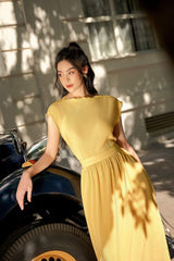 Silk midi dress with high neckline, cap sleeves and elasticated waist for relaxed elegance