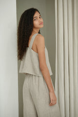 Pleated Linen Sleeveless Top with Wide Straps and Back Keyhole