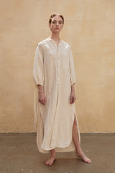 Linen Shirt Dress with Side Slits, Waist Ties, and Relaxed Three-Quarter Sleeves